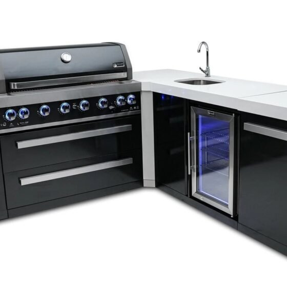 Mont Alpi Mont Alpi 805 Black Stainless Steel Island with Beverage Centre and 90 Degree Corner, Sink and Fridge
